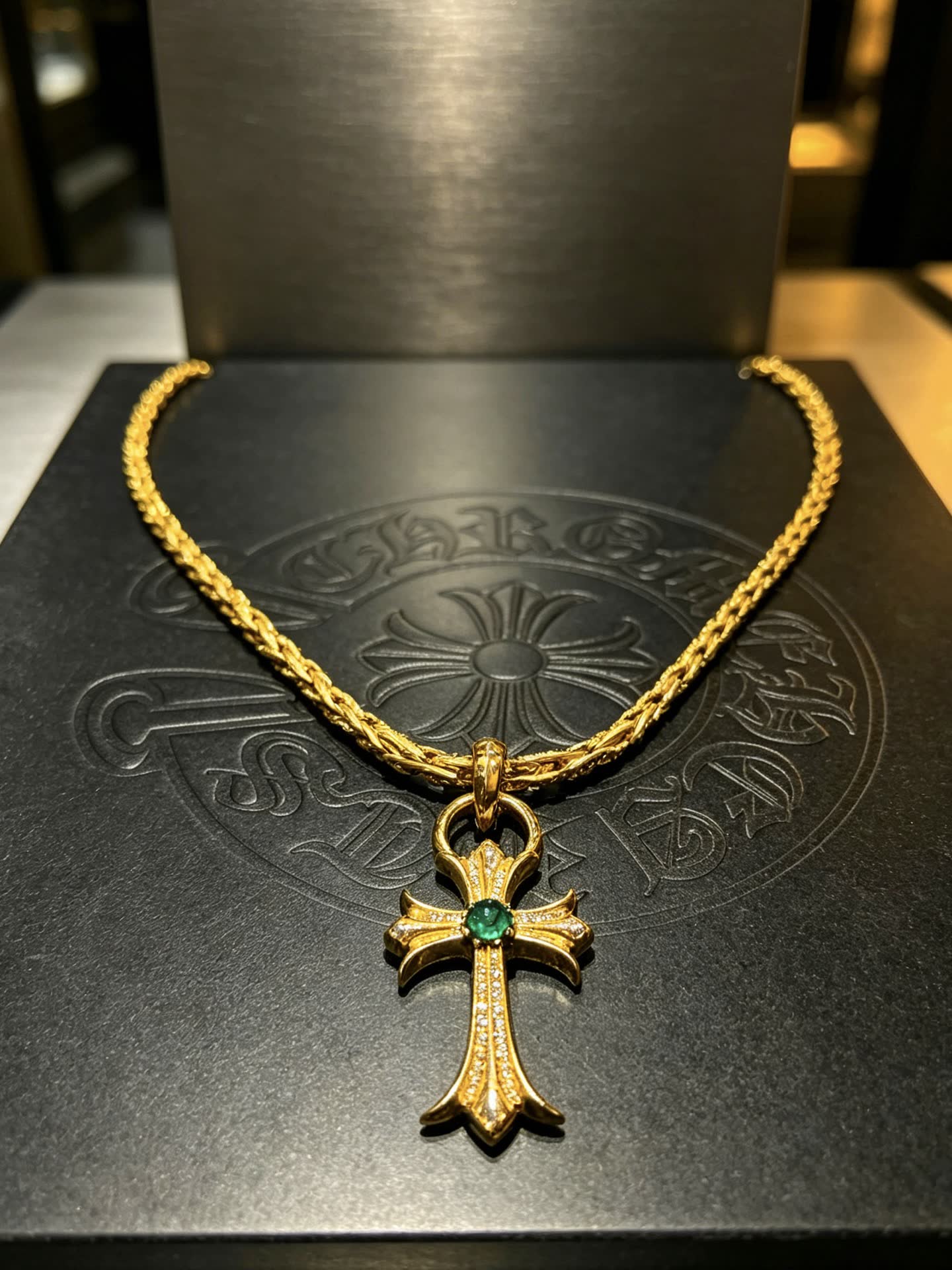 Chrome Hearts Gold Cross Pendant Necklace with Emerald
